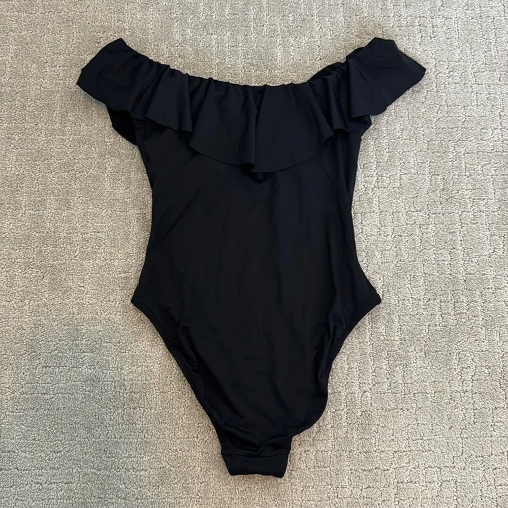 NEW NWT Trina Turk Black off shoulder ruffle one piece swimsuit modest